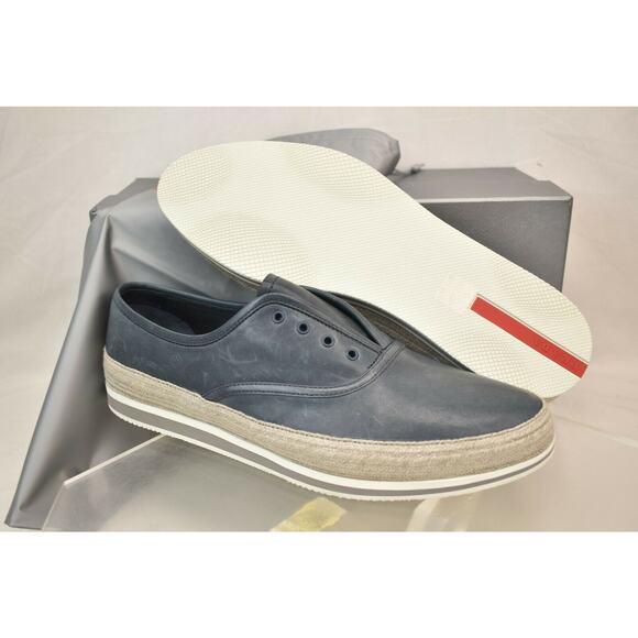 PRADA BALTIC BLUE DISTRESSED LEATHER PLATFORM LACELESS SNEAKERS 8.5 US 9.5 - Picture 3 of 12